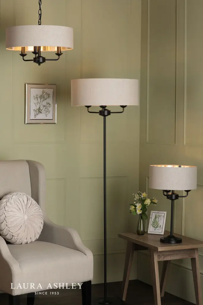Sorrento 3 Light Floor Lamp Matt Black and Natural With Shade