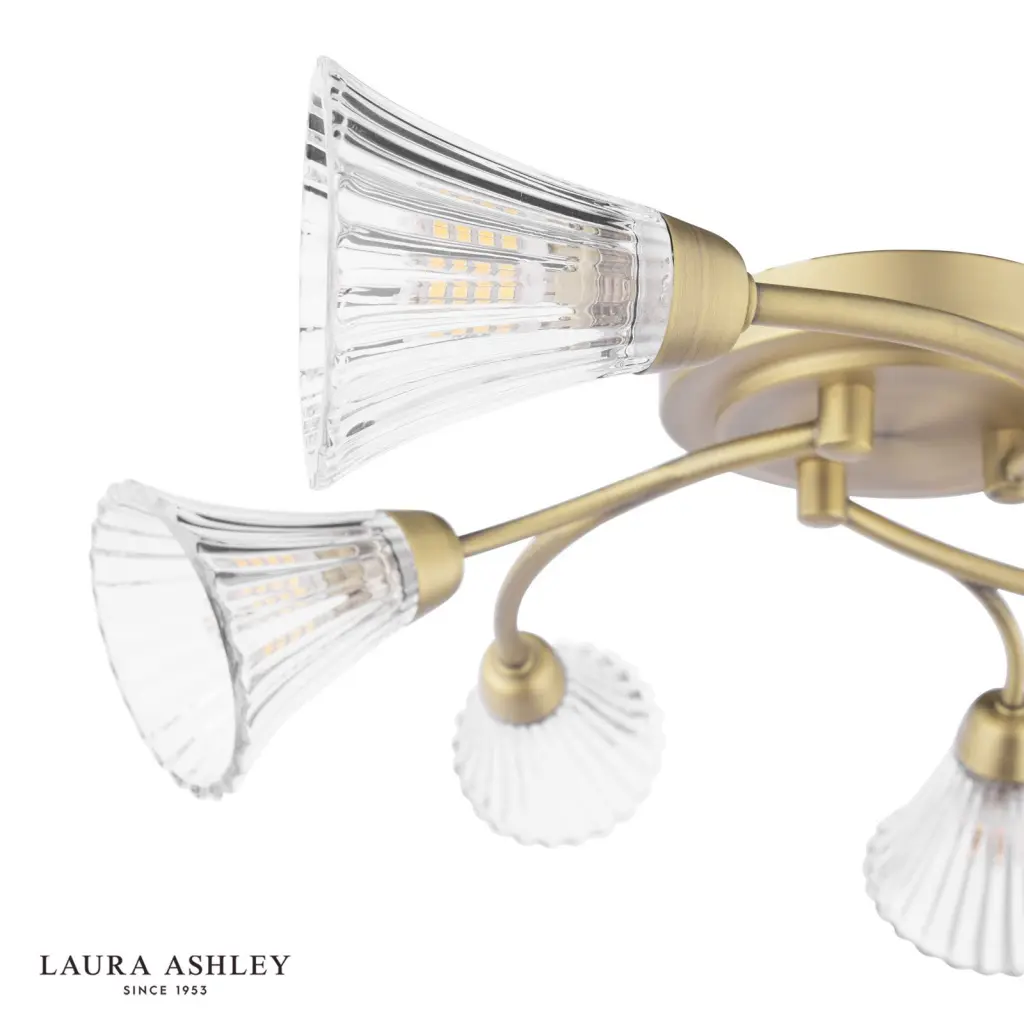 Lanton 6 Light Semi Flush Fitting in Antique Brass & Ribbed Glass
