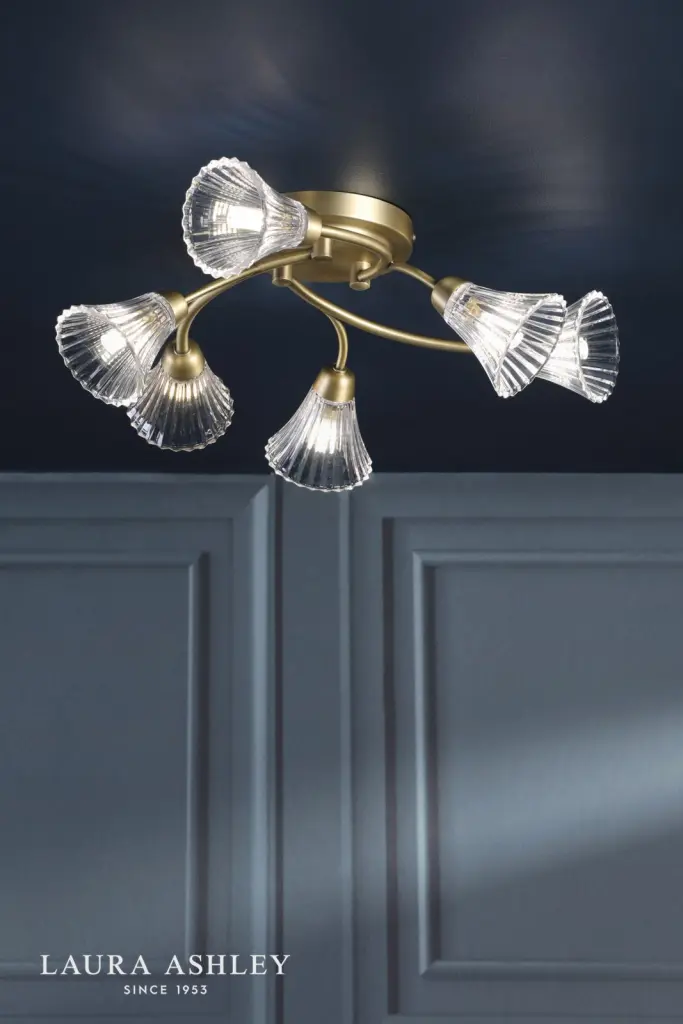 Lanton 6 Light Semi Flush Fitting in Antique Brass & Ribbed Glass