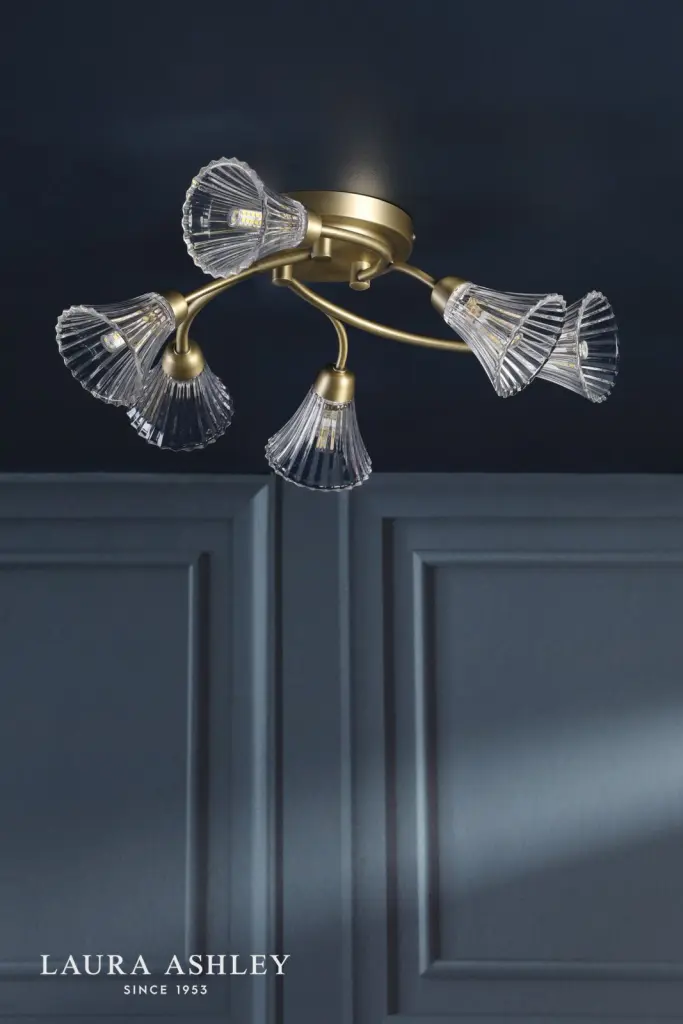 Lanton 6 Light Semi Flush Fitting in Antique Brass & Ribbed Glass