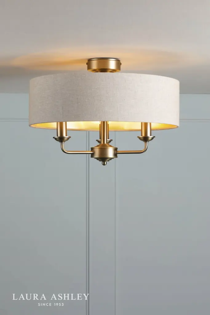 Sorrento Antique Brass Semi Flush Light C/W Natural Shade