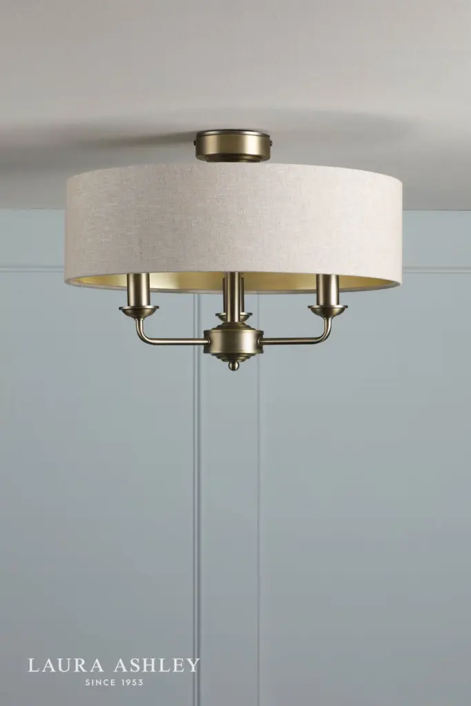 Sorrento Antique Brass Semi Flush Light C/W Natural Shade
