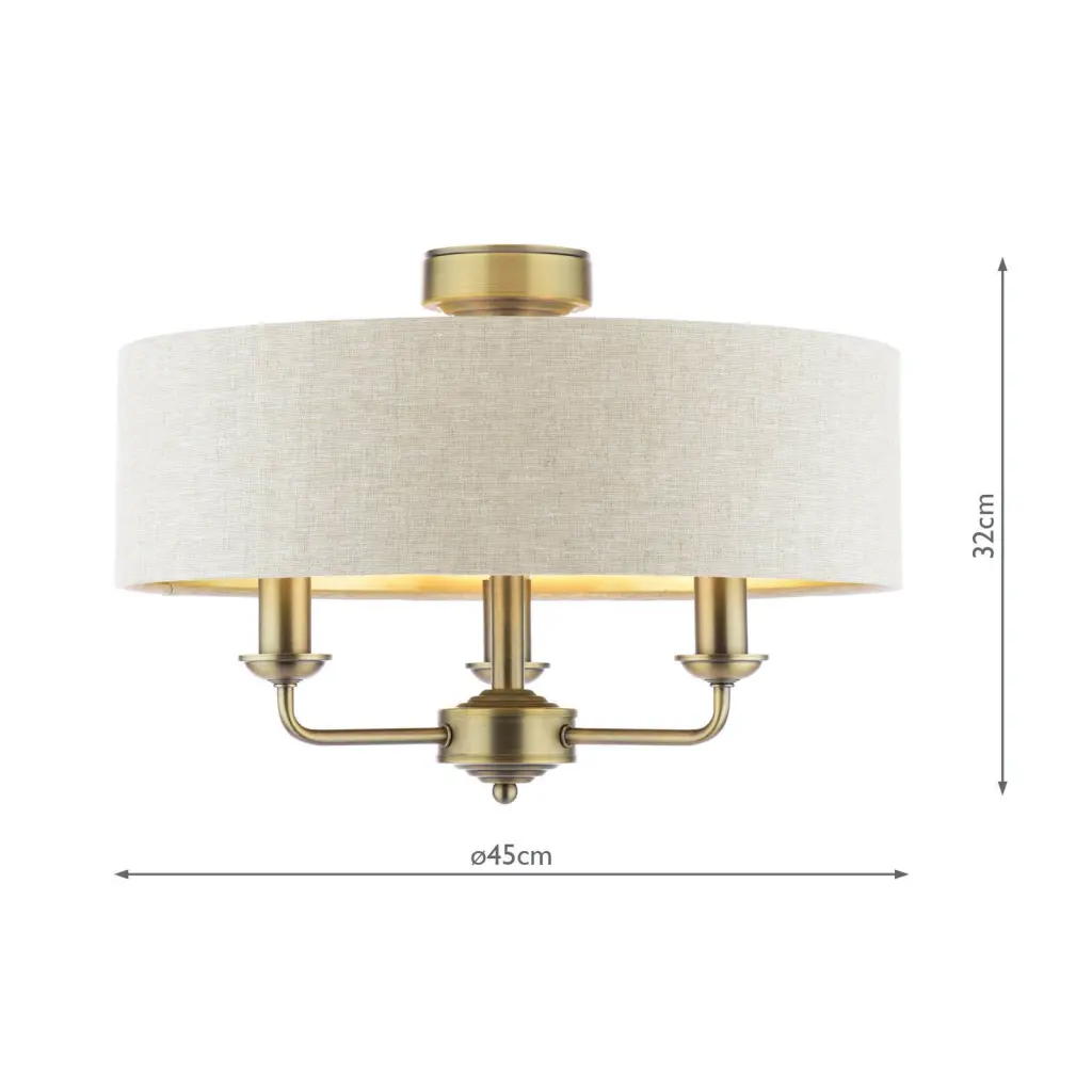 Sorrento Antique Brass Semi Flush Light C/W Natural Shade