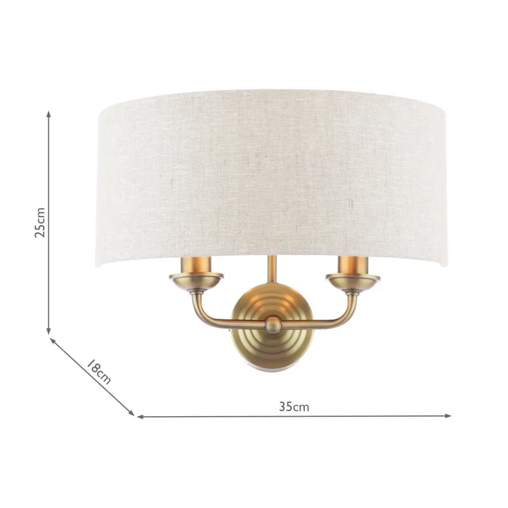 Sorrento 2 Light Antique Brass Wall Light C/W Natural Shade