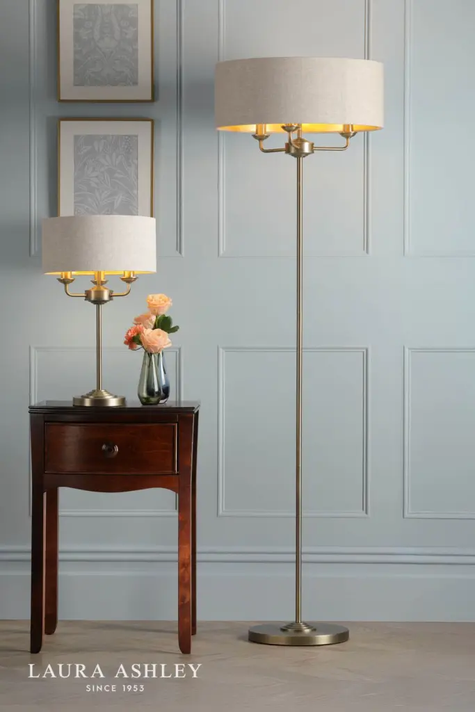 Sorrento 3 Light Antique Brass Floor Lamp With Natural Shade