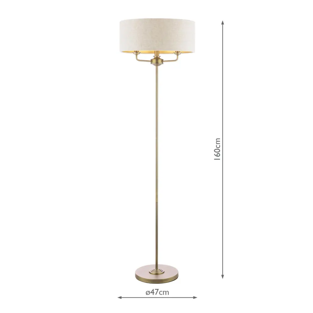 Sorrento 3 Light Antique Brass Floor Lamp With Natural Shade