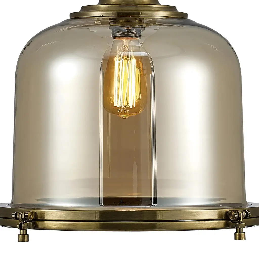 Riley Large Bell Pendant in Antique Brass & Cognac Glass
