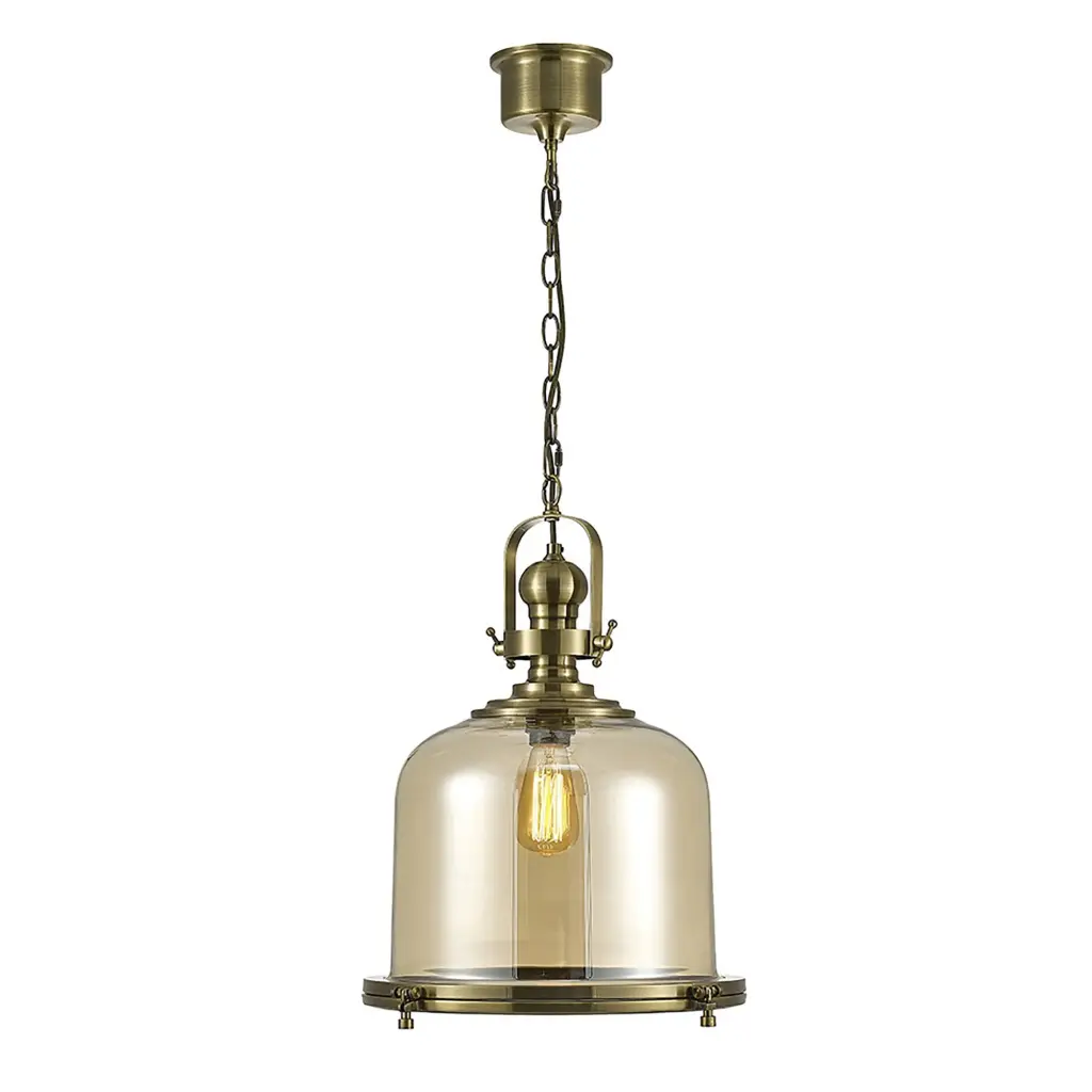 Riley Large Bell Pendant in Antique Brass & Cognac Glass