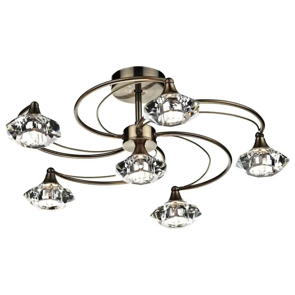 Luther 6 Light Antique Brass Semi Flush Complete with Crystal Glass