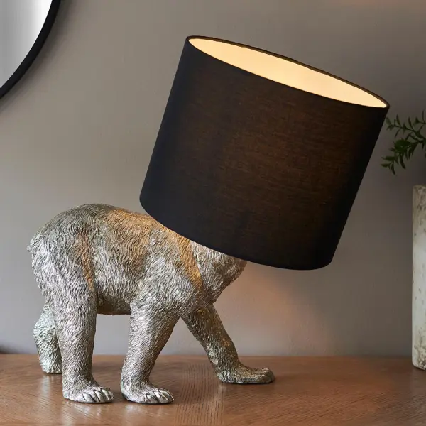 Barack Silver Bear Table Lamp C/W Black Shade