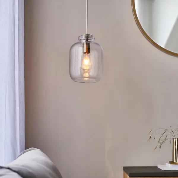 Lyra Single Pendant in Textured Glass & Brass Detail