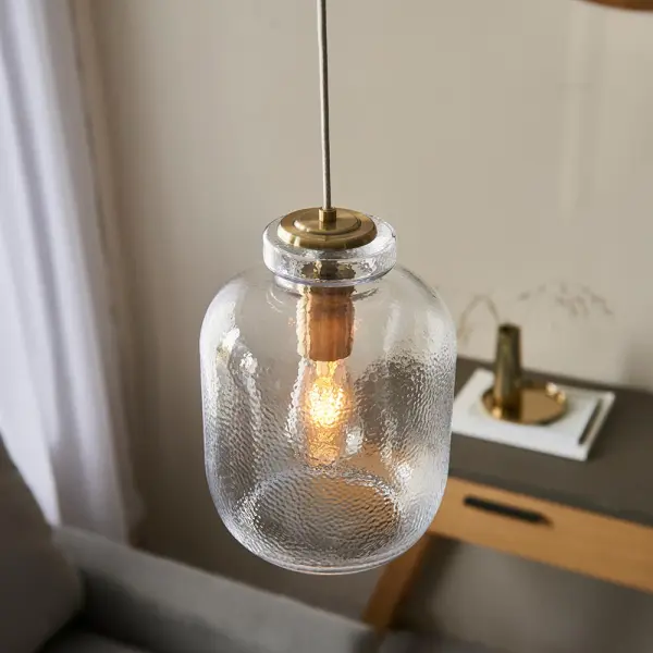 Lyra Single Pendant in Textured Glass & Brass Detail