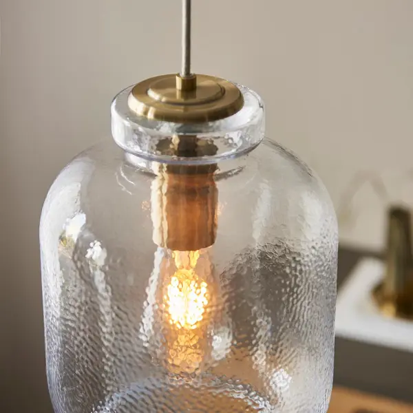 Lyra Single Pendant in Textured Glass & Brass Detail