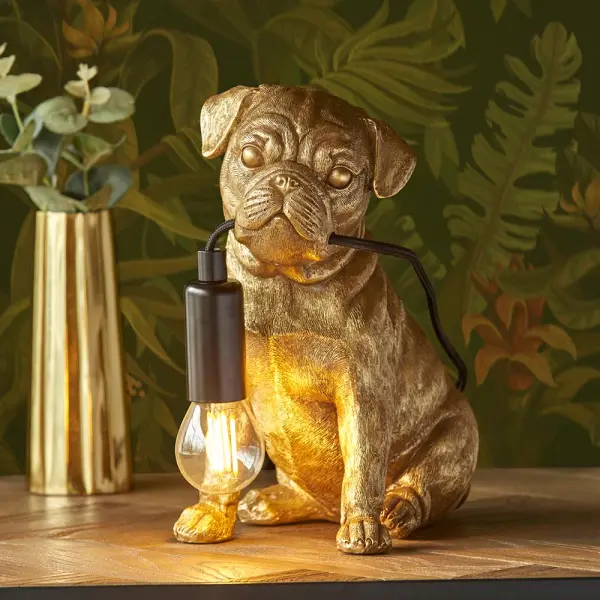 Pug Puppy Table Lamp in Vintage Gold Finish