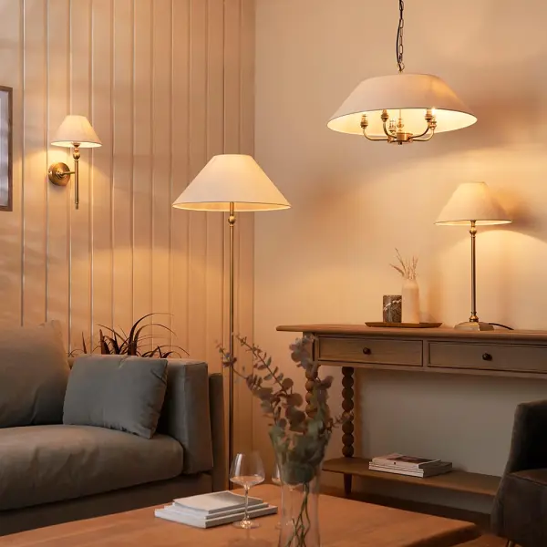 Lille 5 Light Antique Brass Pendant with Drum Shade