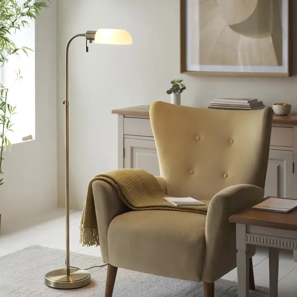 Pharmacy Antique Brass Floor Lamp with Opal Shade