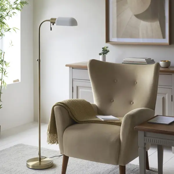 Pharmacy Antique Brass Floor Lamp with Opal Shade