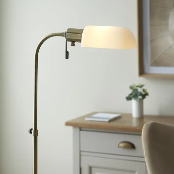 Pharmacy Antique Brass Floor Lamp with Opal Shade
