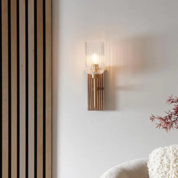 Grove Walnut Wooden Wall Light with Ribbed Glass