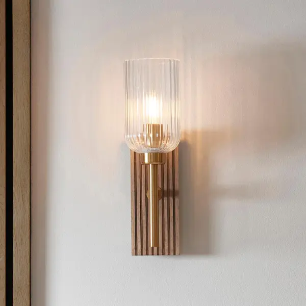 Grove Walnut Wooden Wall Light with Ribbed Glass