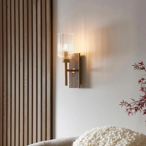 Grove Walnut Wooden Wall Light with Ribbed Glass