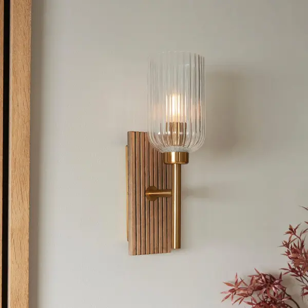 Grove Walnut Wooden Wall Light with Ribbed Glass