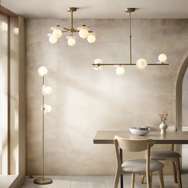 Cerchio 4 Light Brass Linear Pendant with Opal Glass Shades