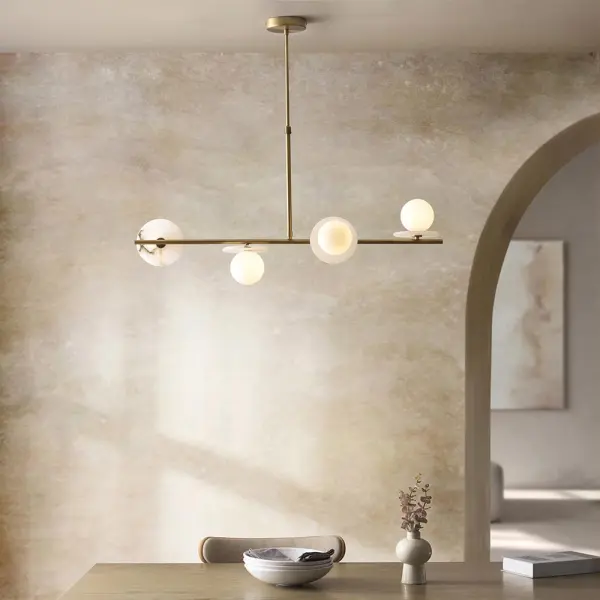 Cerchio 4 Light Brass Linear Pendant with Opal Glass Shades
