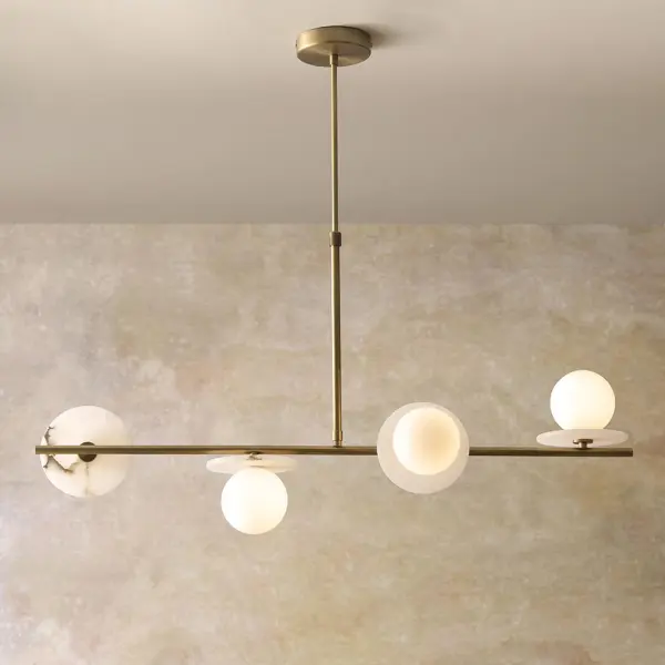 Cerchio 4 Light Brass Linear Pendant with Opal Glass Shades