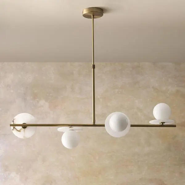 Cerchio 4 Light Brass Linear Pendant with Opal Glass Shades