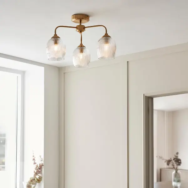 Ashcroft 3 Light Brass Semi Flush Fitting with Ribbed Glass Shades
