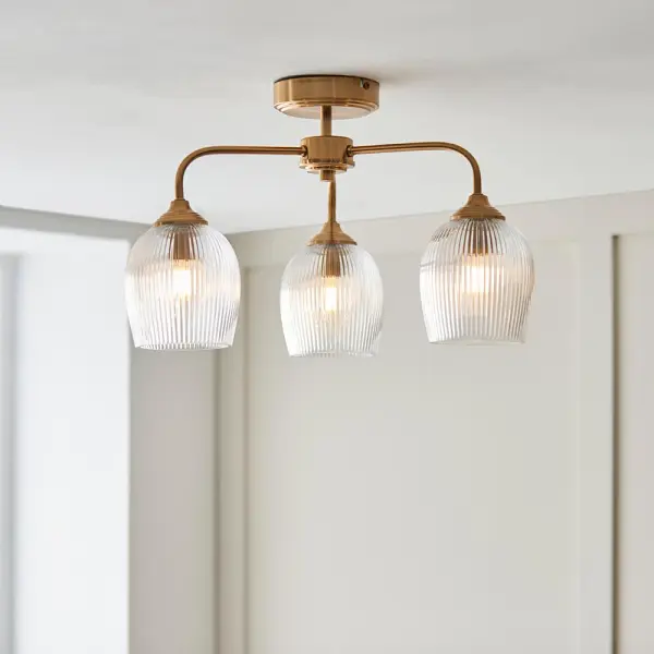 Ashcroft 3 Light Brass Semi Flush Fitting with Ribbed Glass Shades