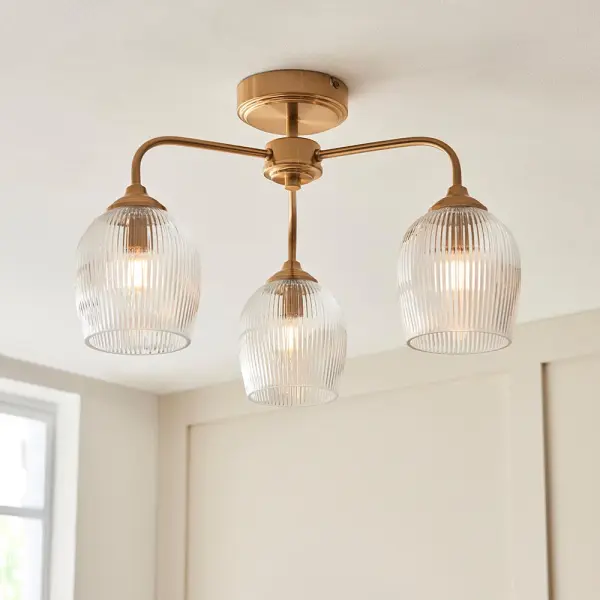 Ashcroft 3 Light Brass Semi Flush Fitting with Ribbed Glass Shades