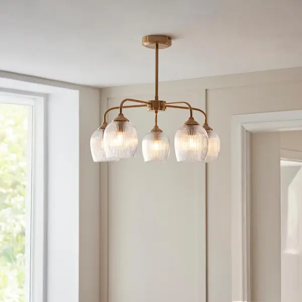 Ashcroft 5 Light Semi Flush with Ribbed Glass Shades