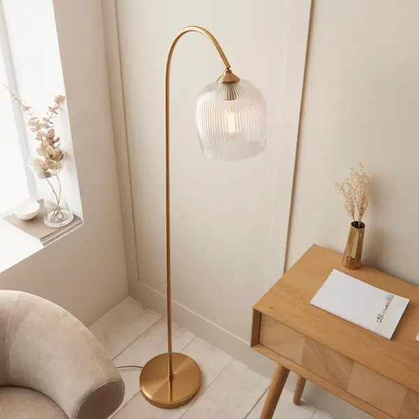 Ashcroft Brass Floor Lamp with Ribbed Glass Shade