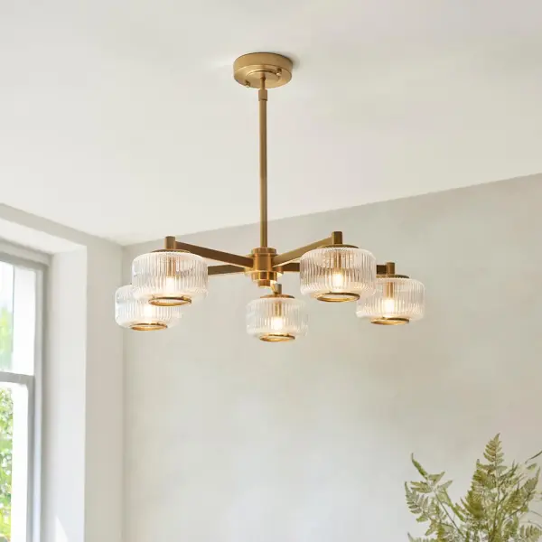 Stamford 5 Light Brass Pendant C/W Ribbed Shades