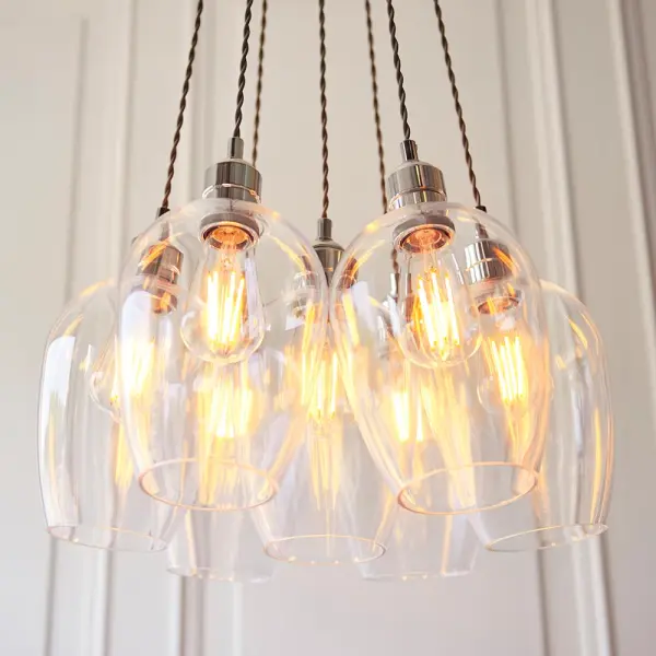 Mia Polished Nickel 7 Light Cluster Pendant with Clear Glass Shades