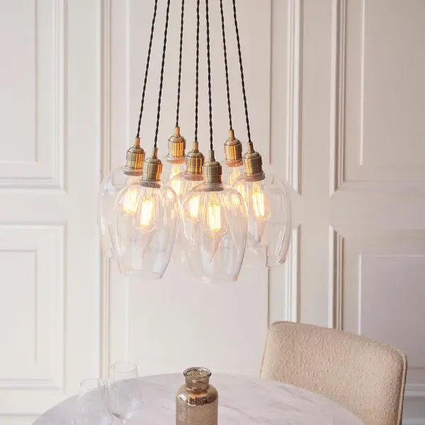 Mia Antique Brass 7 Light Cluster Pendant with Clear Glass Shades