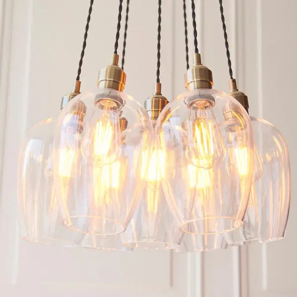 Mia Antique Brass 7 Light Cluster Pendant with Clear Glass Shades