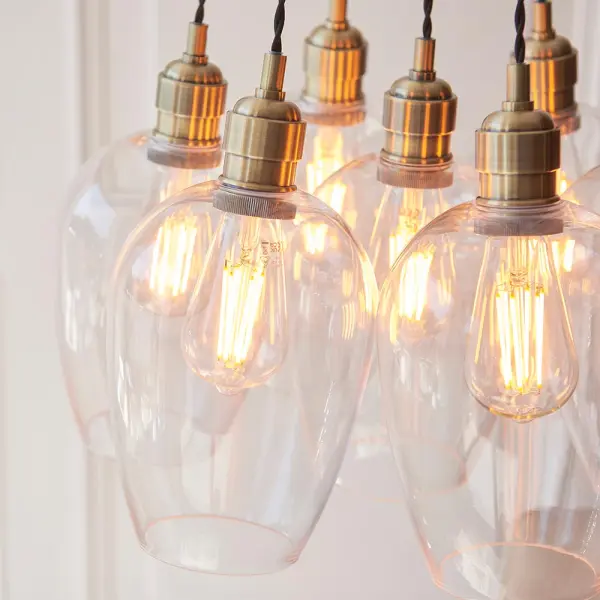 Mia Antique Brass 7 Light Cluster Pendant with Clear Glass Shades