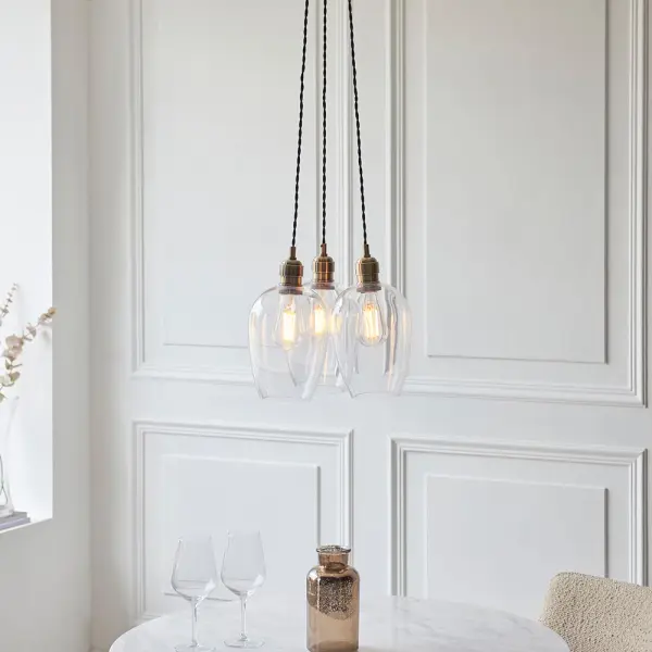 Mia Antique Brass 3 Light Cluster Pendant with Clear Glass Shades