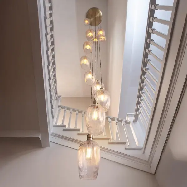 Millie Antique Brass 13 Light Pendant with Ribbed Glass Shades