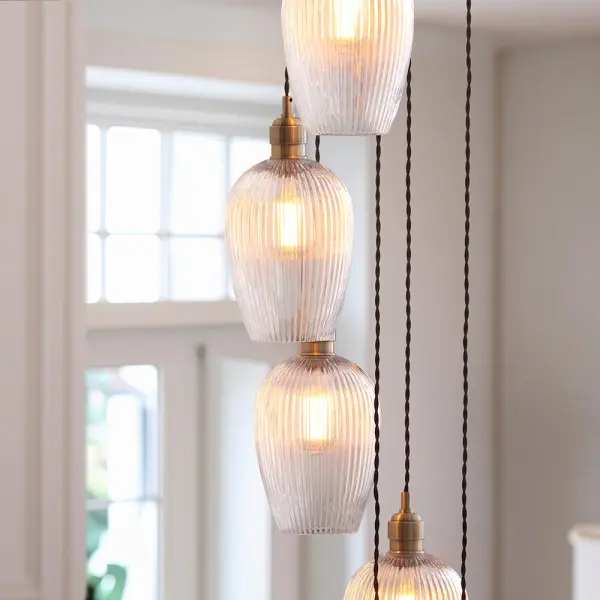Millie Antique Brass 13 Light Pendant with Ribbed Glass Shades