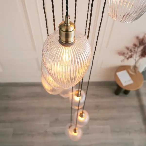 Millie Antique Brass 13 Light Pendant with Ribbed Glass Shades