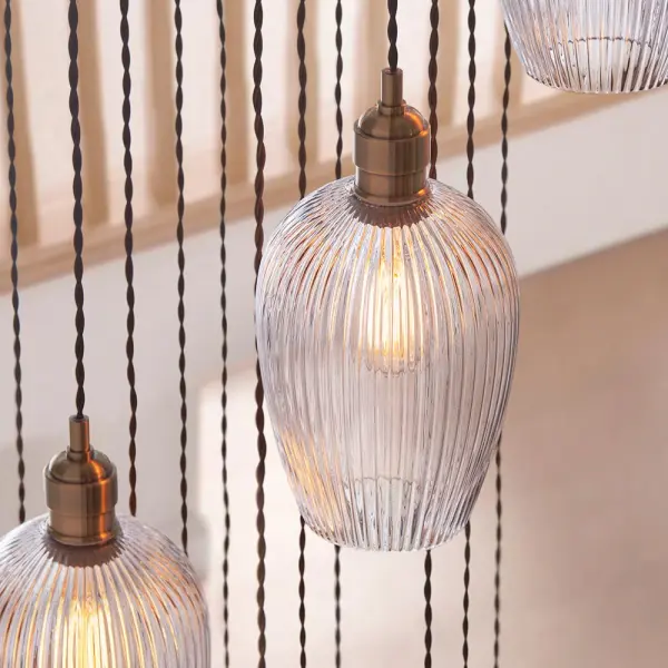 Millie Antique Brass 13 Light Pendant with Ribbed Glass Shades
