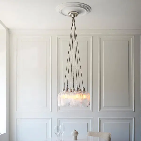 Mia Polished Nickel 7 Light Cluster Pendant with Ribbed Glass Shades