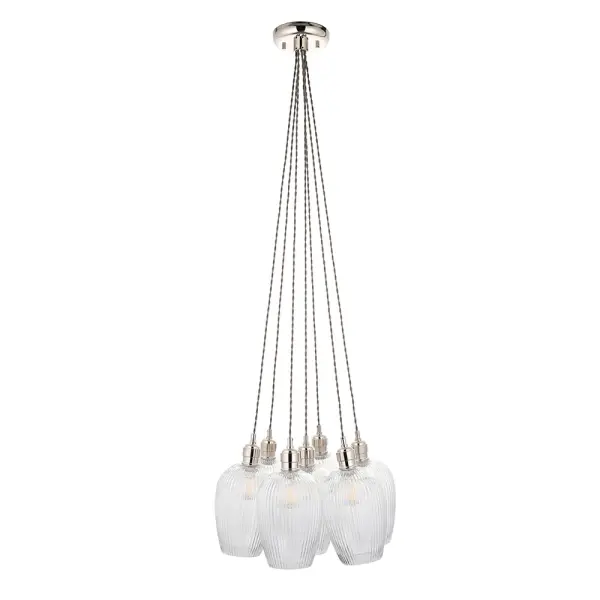 Mia Polished Nickel 7 Light Cluster Pendant with Ribbed Glass Shades