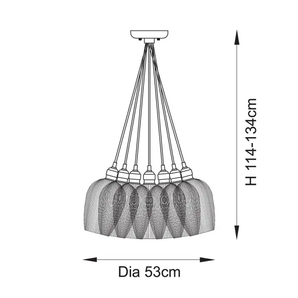 Mia Polished Nickel 7 Light Cluster Pendant with Ribbed Glass Shades