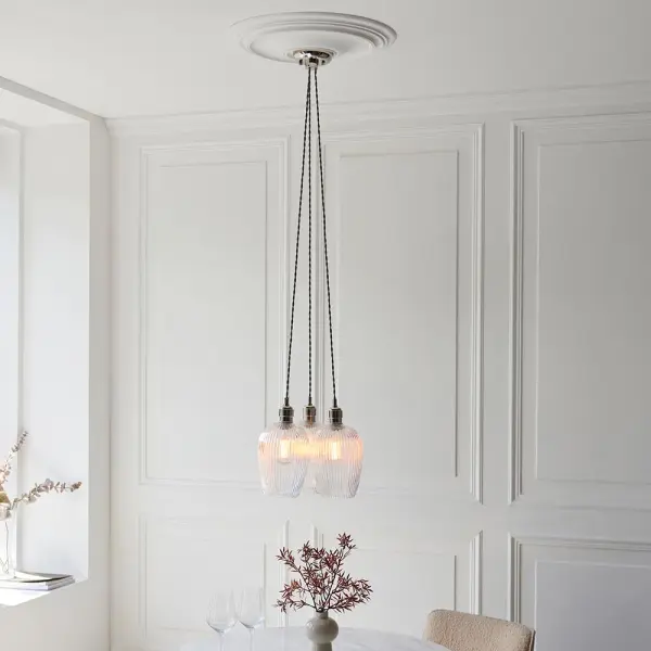 Mia Polished Nickel 3 Light Cluster Pendant with Ribbed Glass Shades