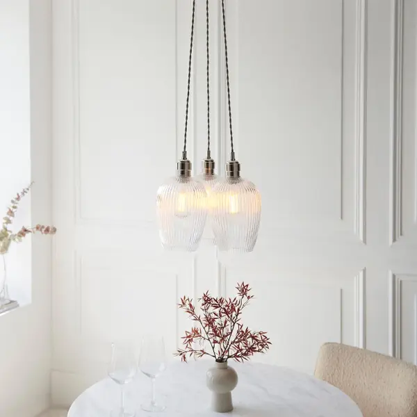 Mia Polished Nickel 3 Light Cluster Pendant with Ribbed Glass Shades